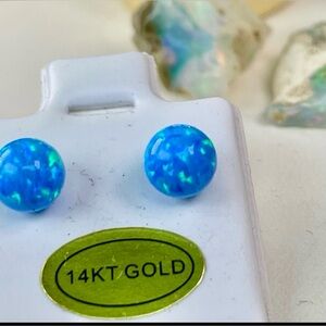 2.7ct Peruvian Opal Earrings. 14k Solid Yellow Gold. Blue Opal